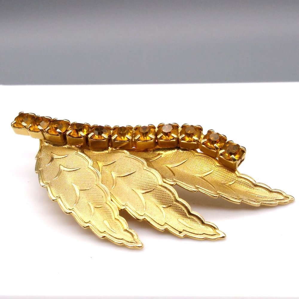 Elegant Vintage Autumn Leaf Brooch, Topaz Colored Crystal Channel with 3 Brushed
